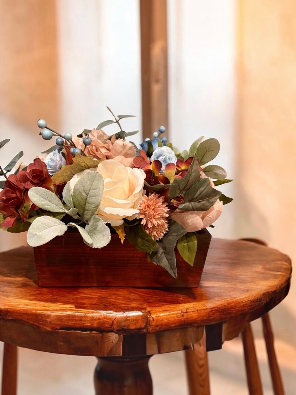 Faux Floral Wooden Box Centerpiece NWT
